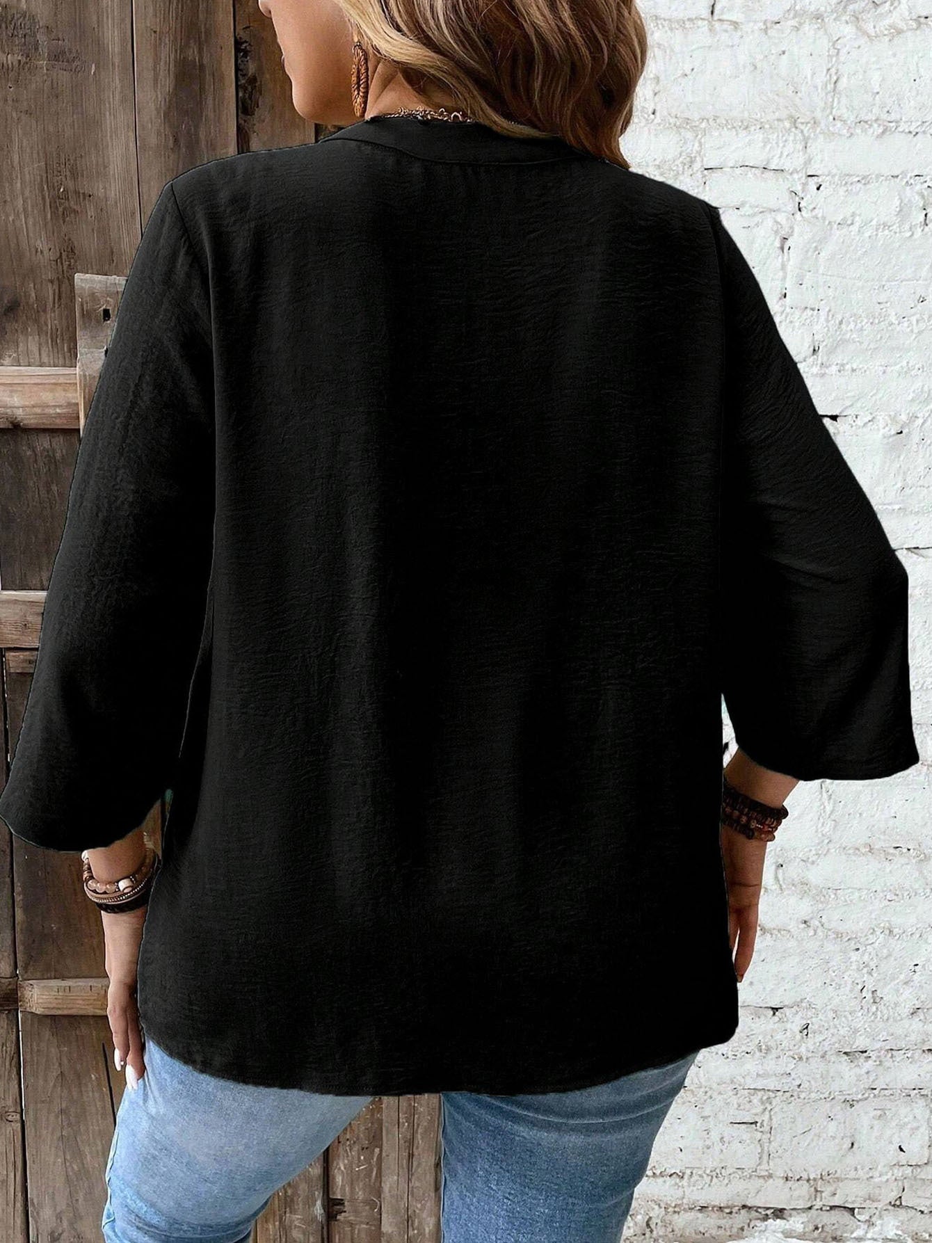 Women's Plus Size Lace Applique Vacation Shirt - Summer Casual Daily Outerwear With Roll-Up Sleeves And Button Closure