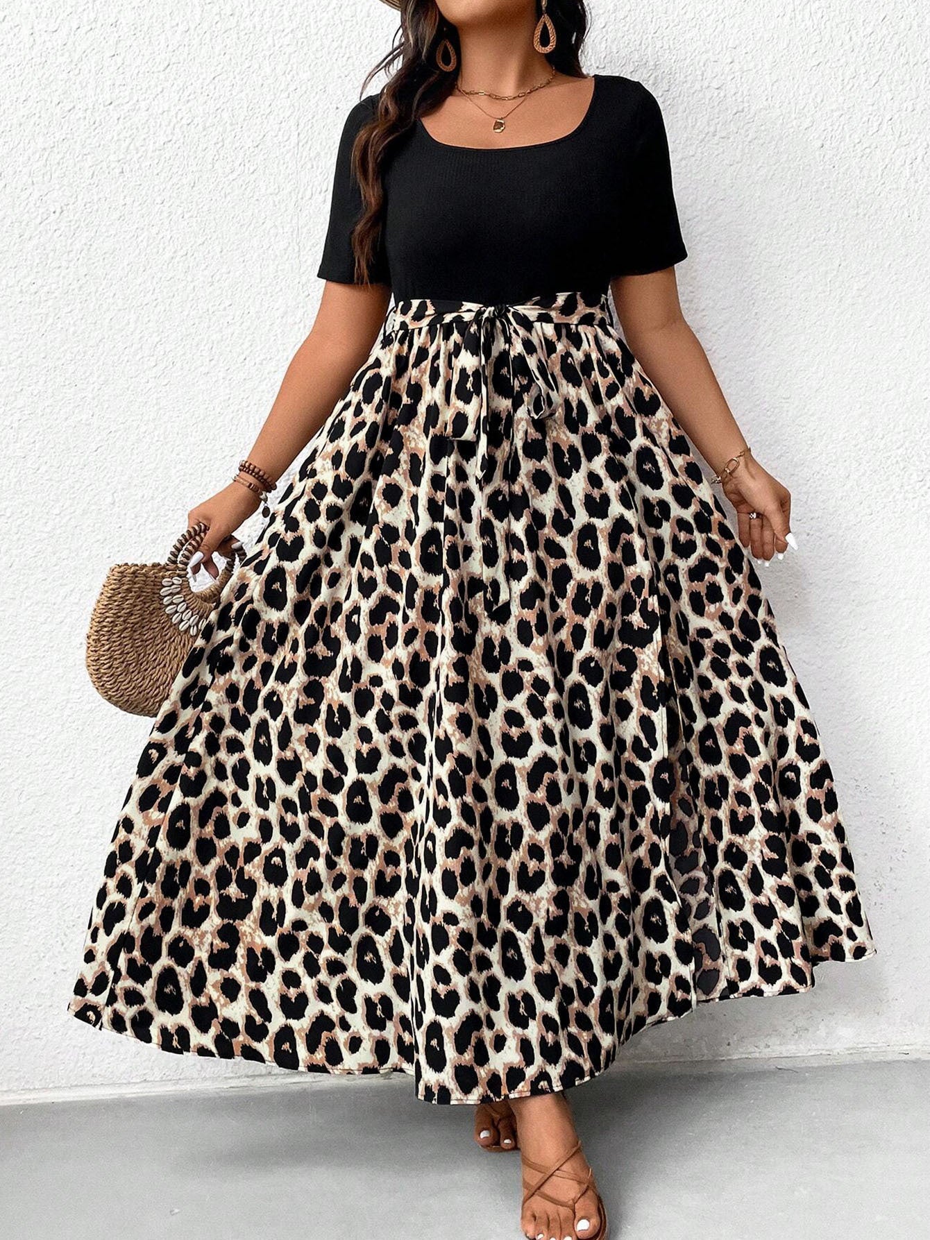 Women's Plus Size Leopard Print High-Waist Dress - Summer Casual Short Sleeve Paneled Maxi Dress With Belt