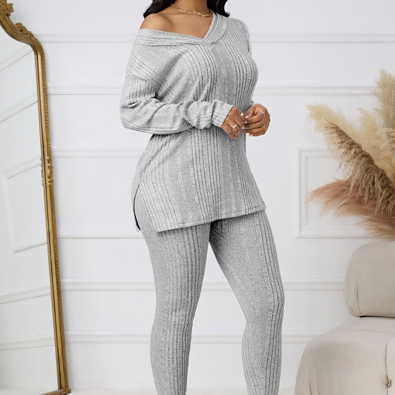 Women's Knitted V-neck Top With Split Hem Details, Versatile Two-piece Set