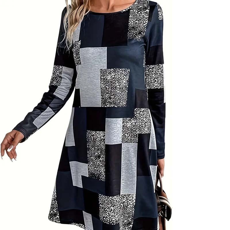 Women's Round Neck Long Sleeve Dress - Digital Print Casual Elegant Spring & Fall Dress