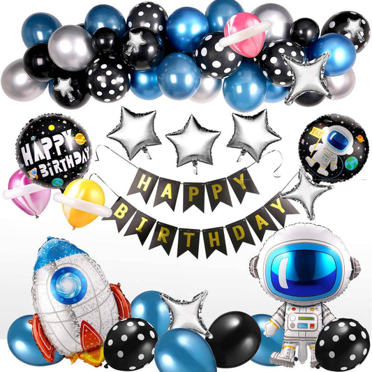 55 Pcs Metallic Balloons Blue Astronaut Rocket Foil Balloons Happy Birthday
