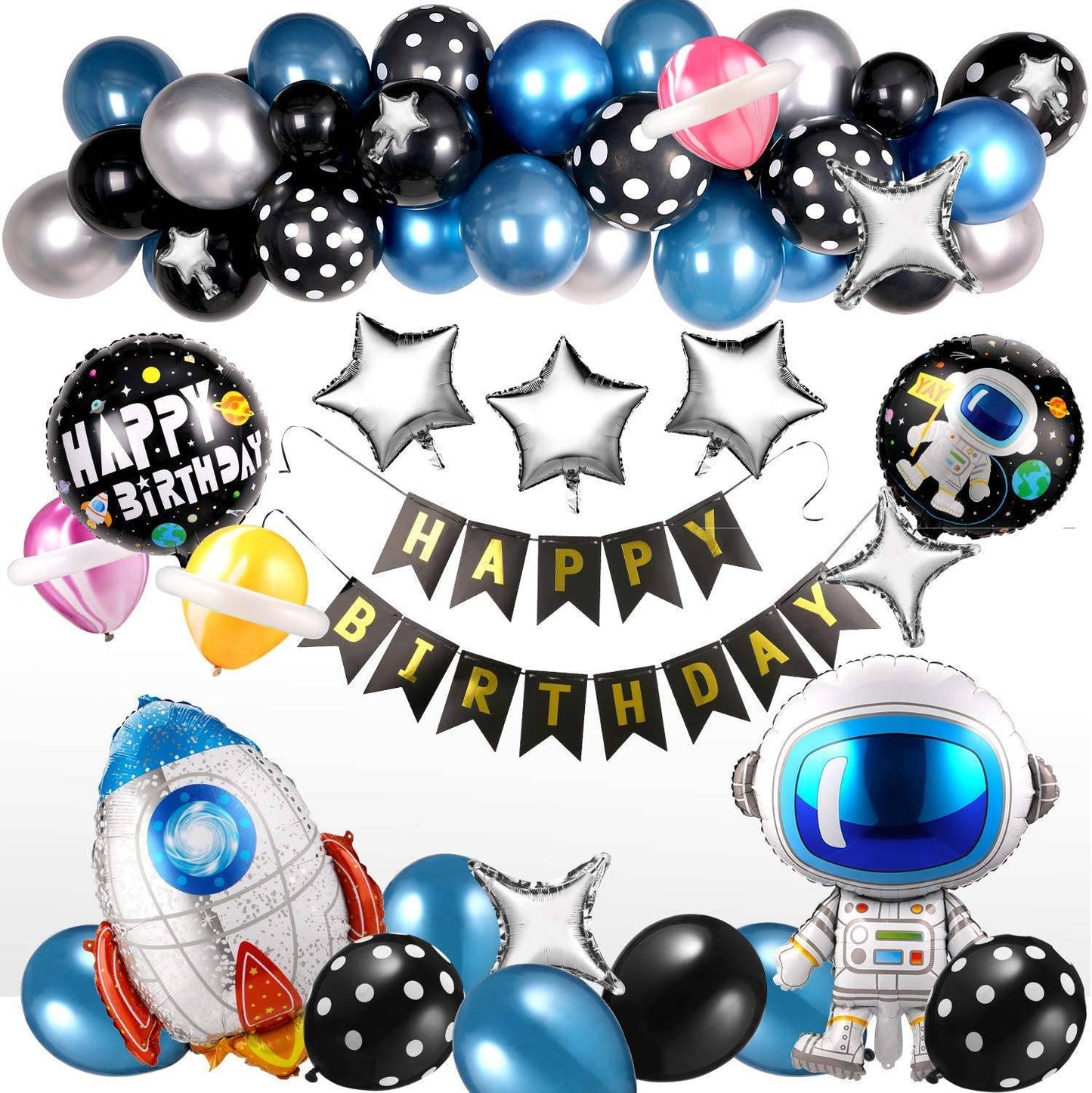 55 Pcs Metallic Balloons Blue Astronaut Rocket Foil Balloons Happy Birthday