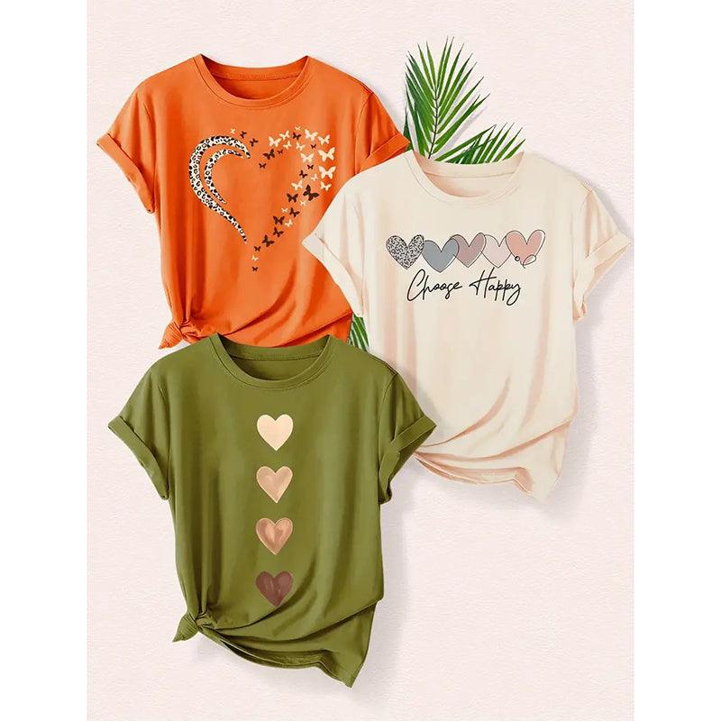 3PCS Women's Love Heart Leopard Graphic Print Tee Short Sleeve Crew Neck T Shirt Casual Summer Tops