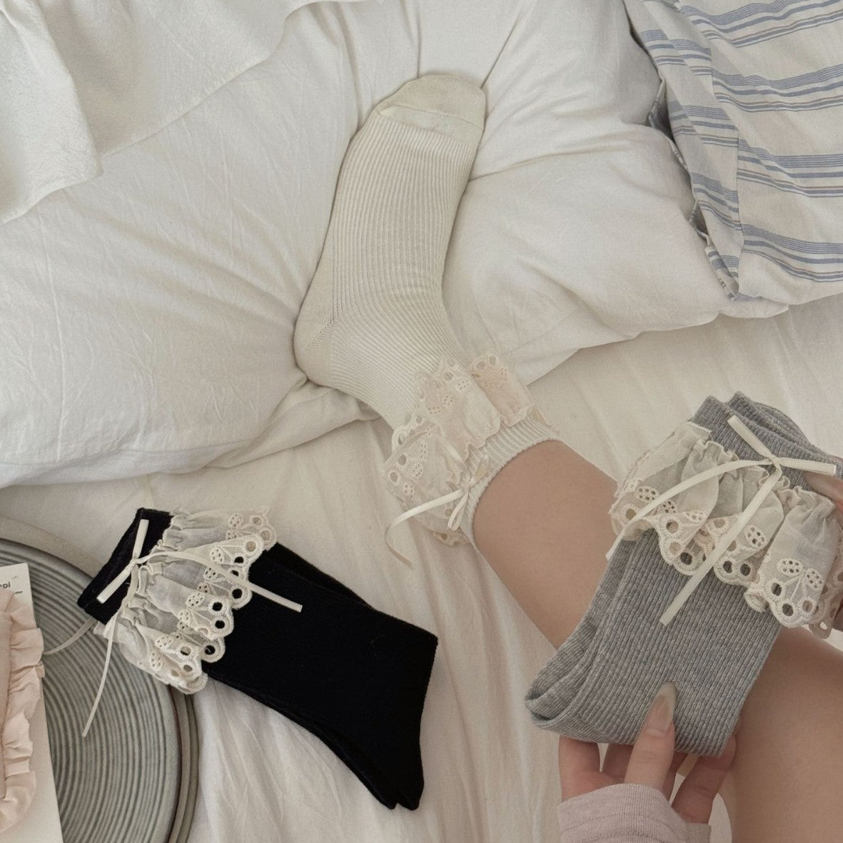 Ins Ballet Style Blogger Same Style Tube Socks Hollow Cherry Lace Bow Socks Japanese JK Girl Bunching Socks