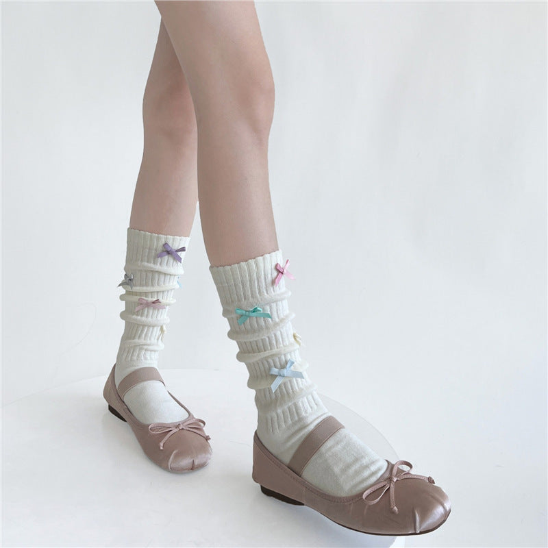 Candy-colored Bow Pile Style Calf Socks Women's Handmade Tube Socks