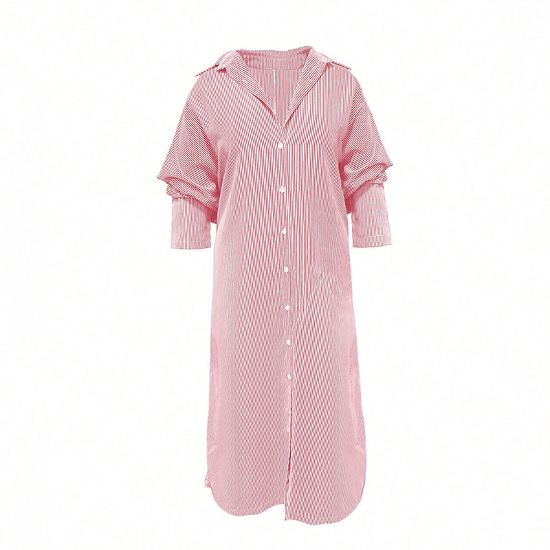Womens Striped Long Sleeve Dress Casual Loose Button Down Maxi Shirt Dress