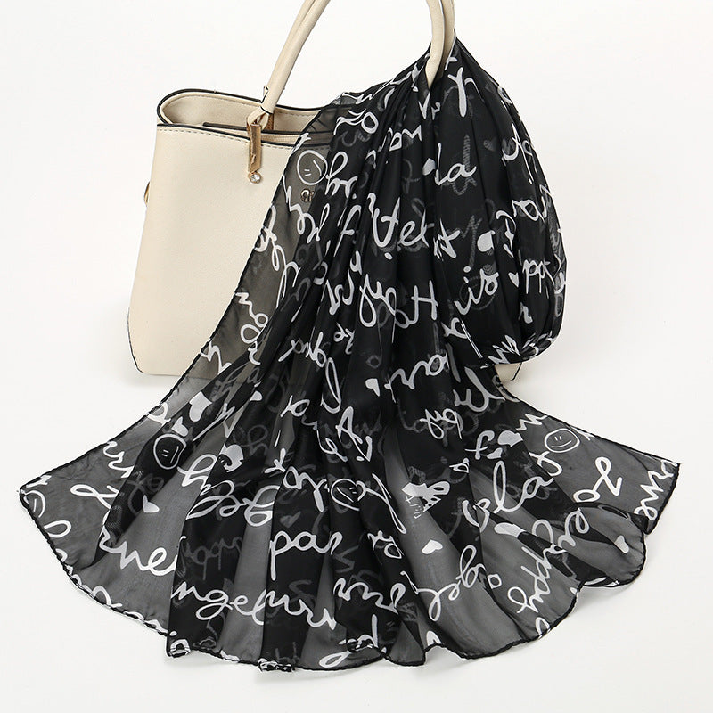 Letter Printing Small Silk Scarf Women's Chiffon