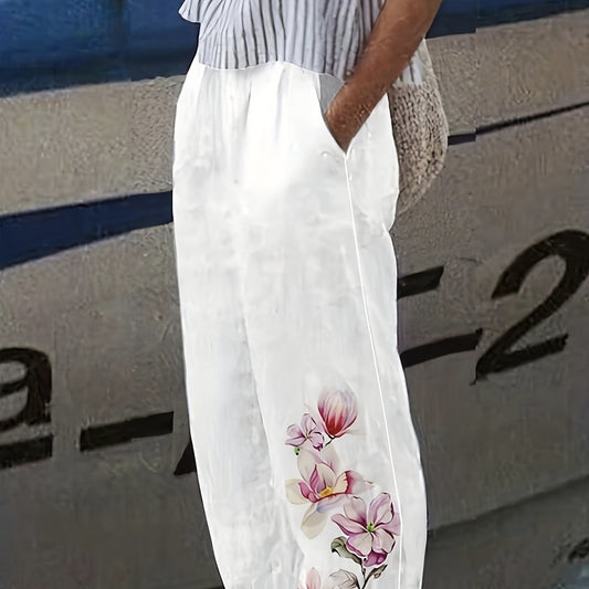 Ladies' Fashionable Floral Print Pocket Loose Casual Fashion Pants