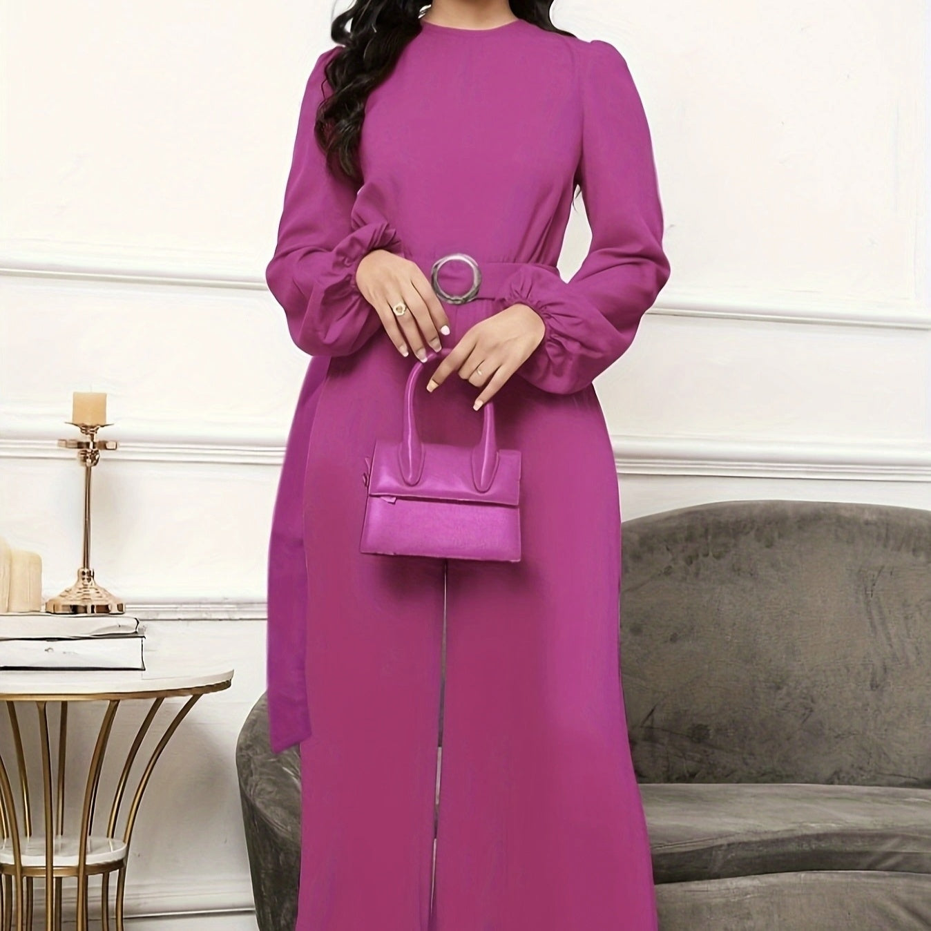 Ladies' Elegant Temperament, Solid Color Ring Belt, Versatile Long Sleeved Jumpsuit