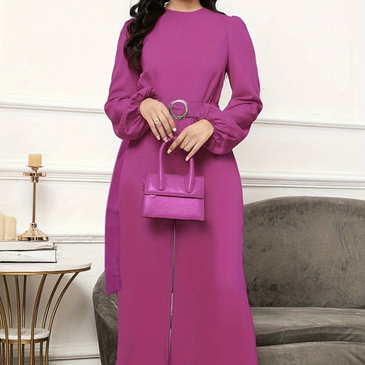 Ladies' Elegant Temperament, Solid Color Ring Belt, Versatile Long Sleeved Jumpsuit