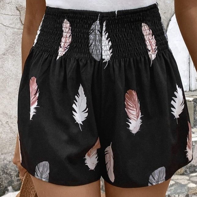 Ladies' Fashionable And Elegant Casual Vacation Feather Print Elastic Waist Shorts