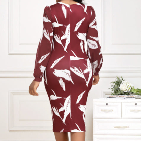 Ladies' Fashionable Round Neck Printed Fashionable Casual Slimming Bag Hip Dress Elegant And Directional