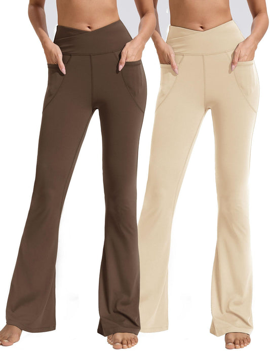 Flared Pants - Cropped Cross Waist Pockets Polyester Double Mill 2 Coffee Light Apricots