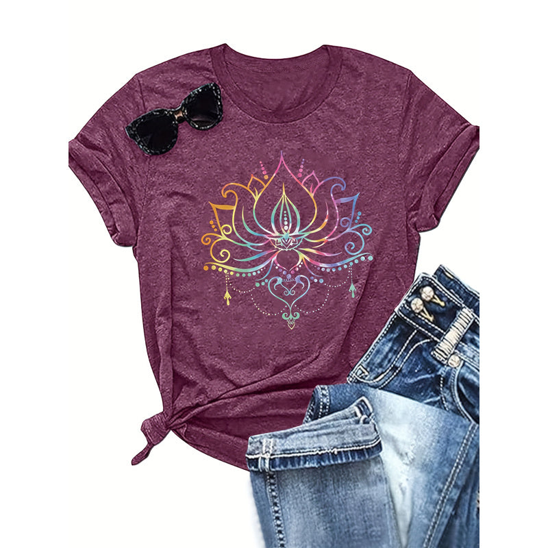 Women's Round Neck Short Sleeve T-Shirt With Colorful Lotus Print, Casual Summer Top