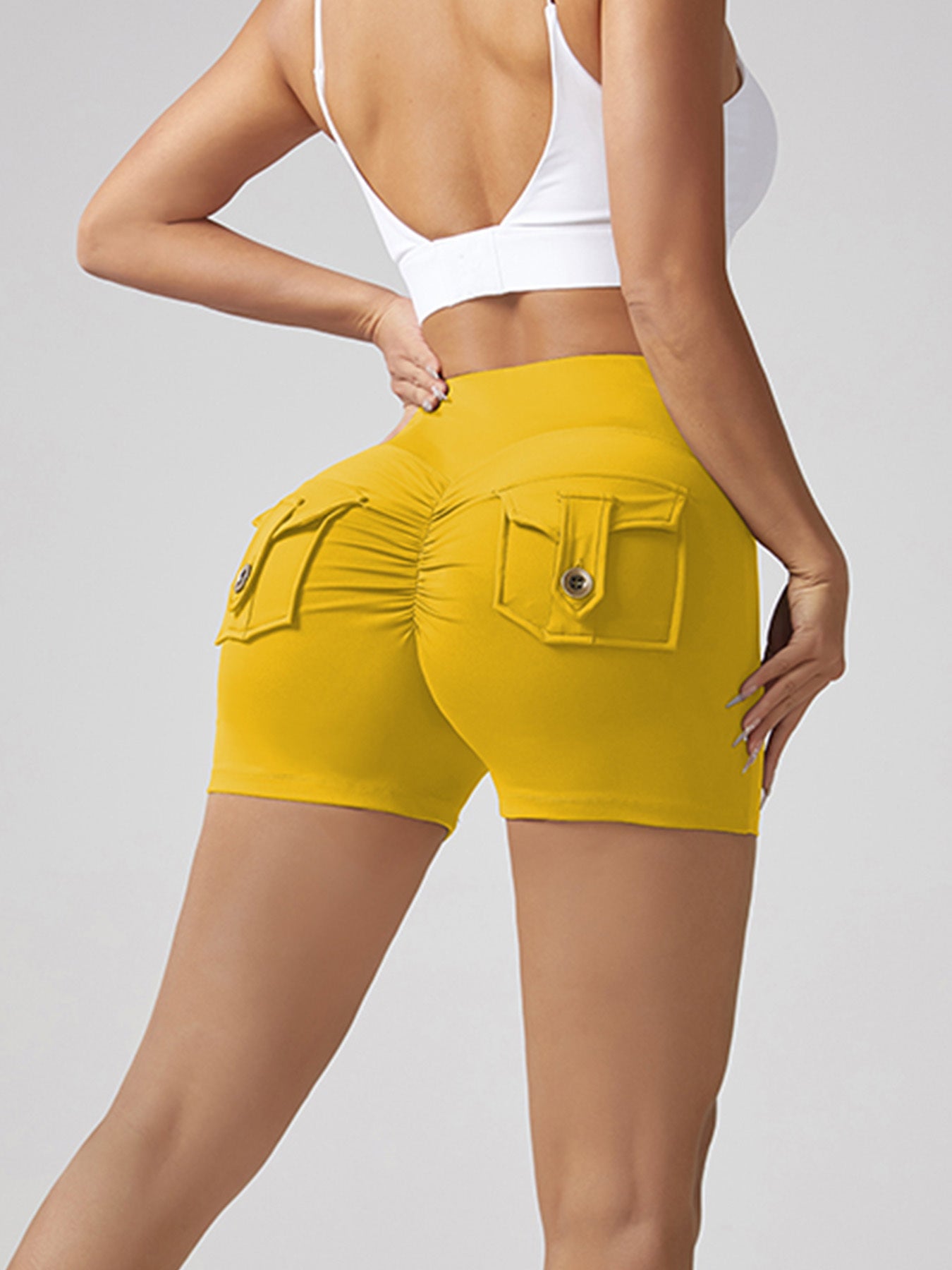 V-waist Stretch Yoga Workwear, Pocket Button Tight Pants, Women's Peach Hip Running And Fitness Shorts