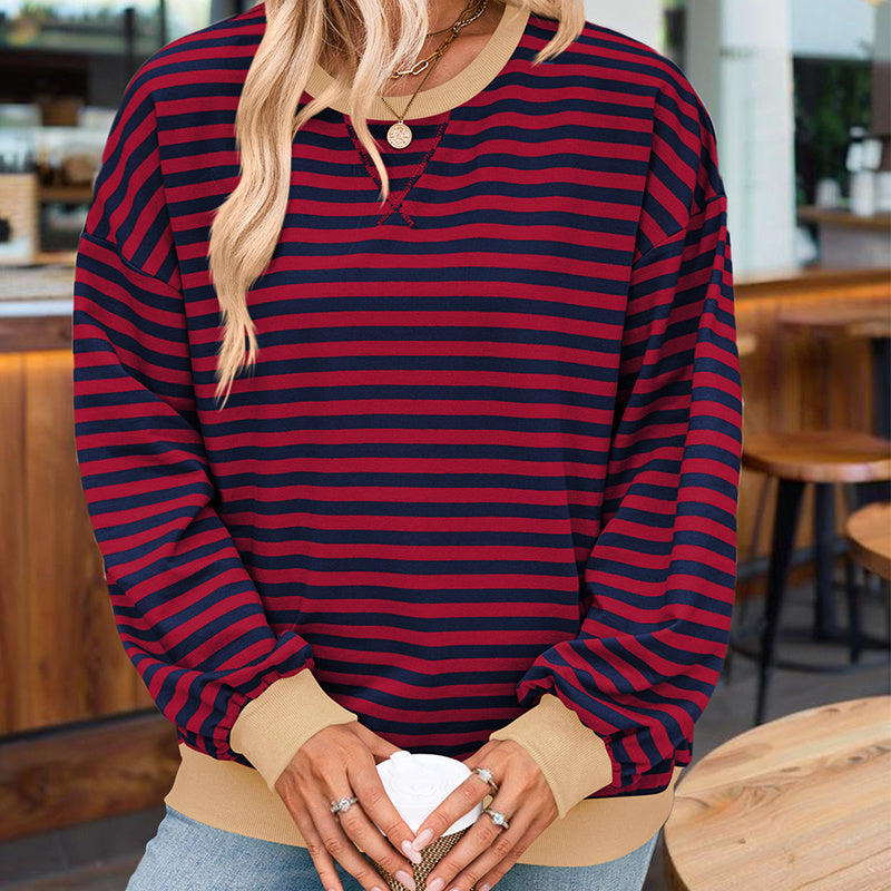 Women's Casual Crewneck Striped Long Sleeve Sweatshirt - Comfortable Loose Fit Ribbed Knit Top For Spring&Fall