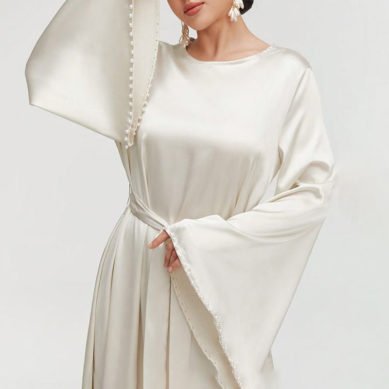 Elegant Round Neck Solid Color Flared Maxi Dress Long Sleeve With Pearl Cuff Detail, Modest A-Line Middle Eastern Abaya Party & Vacation Dress For Women