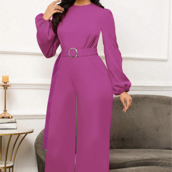 Ladies' Elegant Temperament, Solid Color Ring Belt, Versatile Long Sleeved Jumpsuit