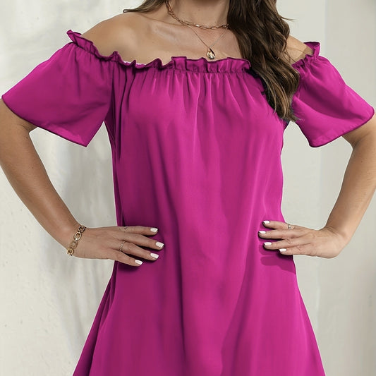 Ladies' Fashion Off Shoulder Ruffle Solid Color Decorative One Shoulder Casual Dress