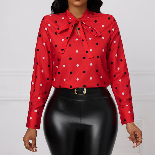 Ladies' Fashionable And Elegant Printed Polka Dot Solid Color Long Sleeved Shirt Top With Elegant Orientation