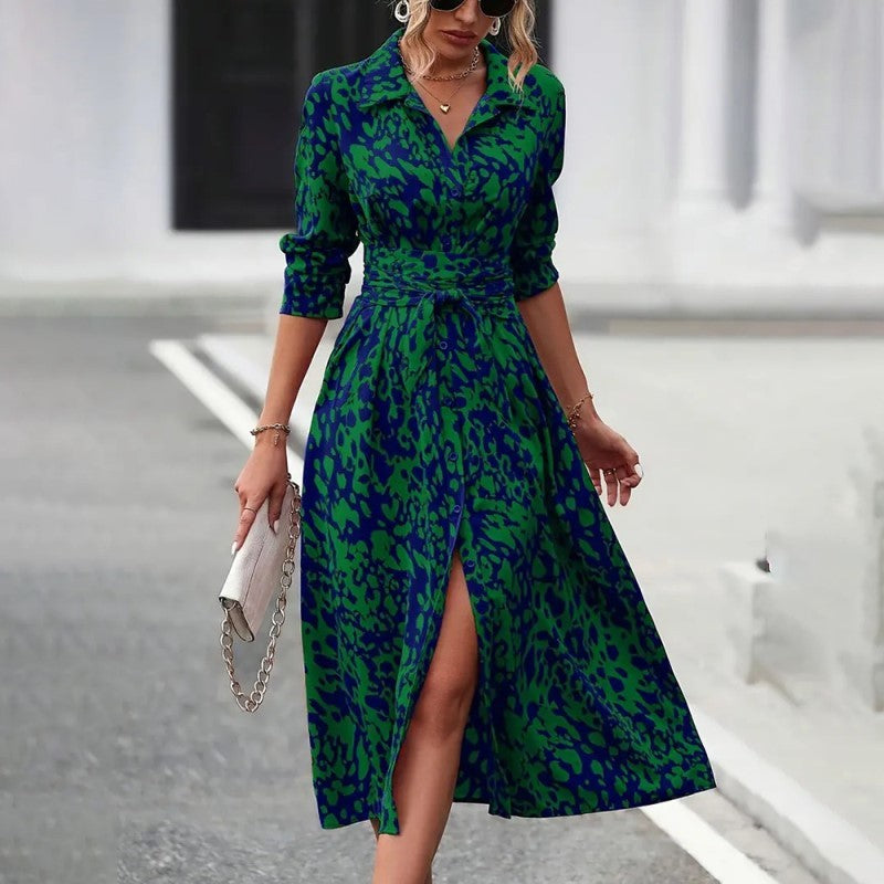 Women's Elegant V-Neck Belted Slit Dress With Leopard Print & Button Details Comfortable Spring & Fall Blend