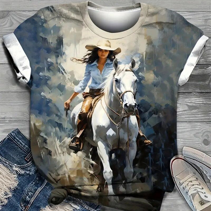 Women's Round Neck Short Sleeve T-Shirt With Girl Riding White Horse Print, Summer Casual Top