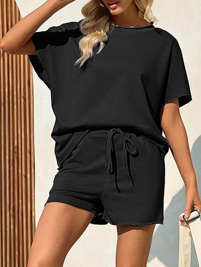 Fisoew Womens Summer 2 Piece Outfits Oversized Casual Short Sleeve Tops And High Waisted Shorts Workout Lounge Short Sets