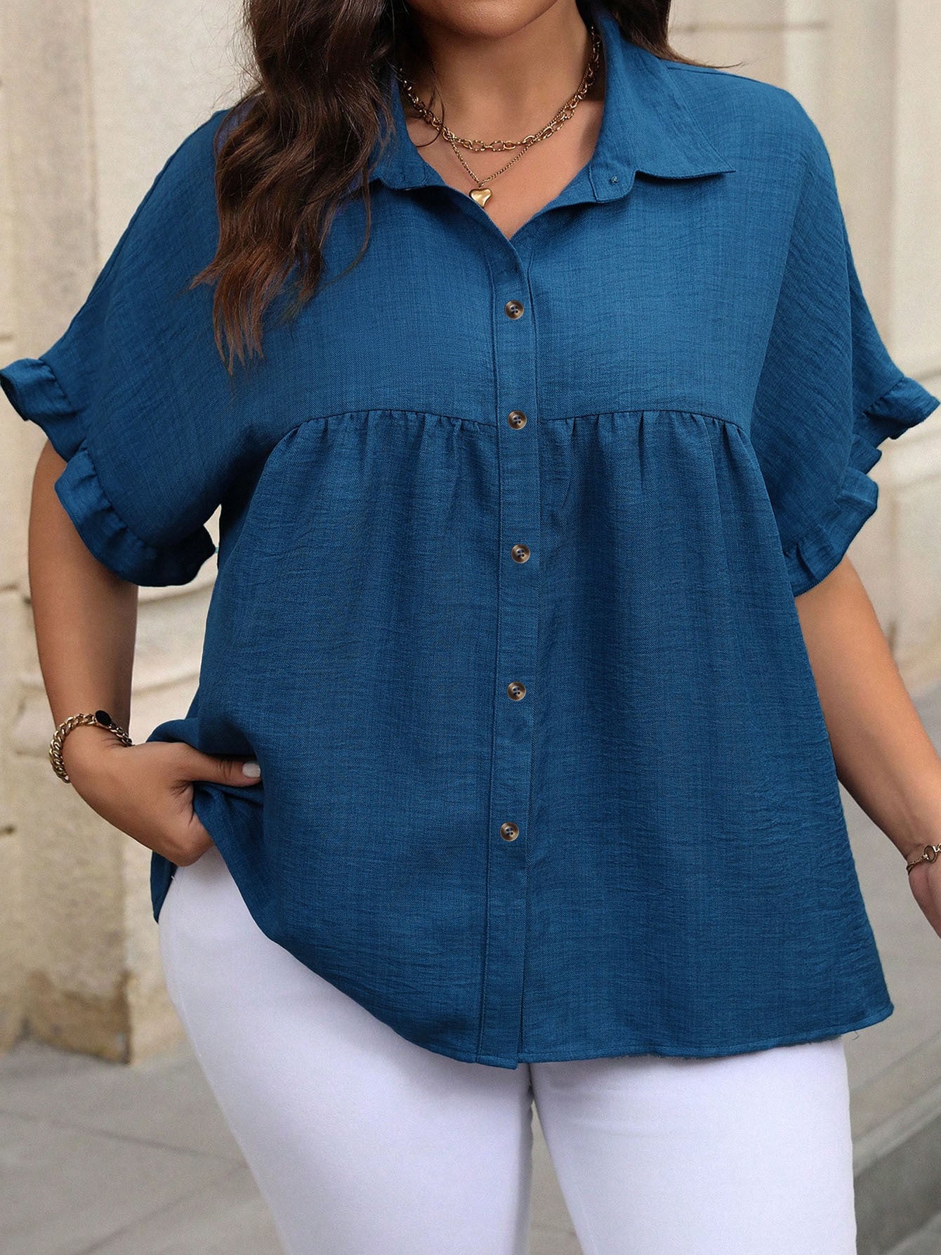 Women's Plus Size Buttoned Collar Shirt - Summer Fashion Casual Office Short Sleeve Top