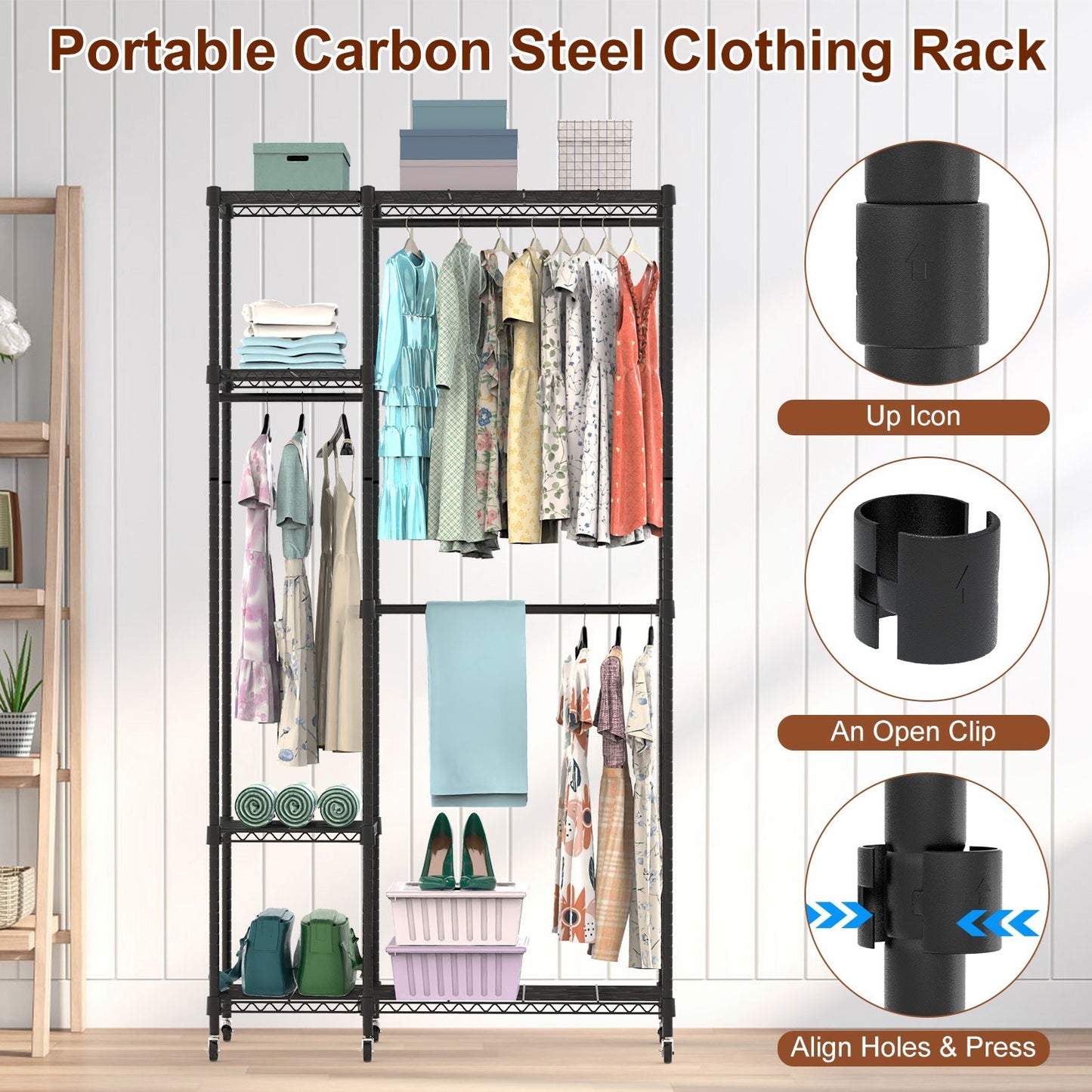 1Pc 4 Tier Heavy Duty Garment Rack With Wheels Carbon Steel Clothing Rack Portable Wardrobe Clothes Rack With 3 Hanging Rods 6 Footrests 44.9x17.13x77.95in