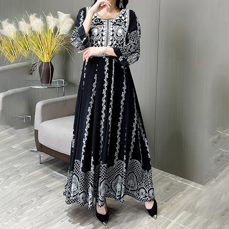 Women's Ethnic Style Floral Embroidered Dress, Elegant 3 4 Sleeve Swing Dress