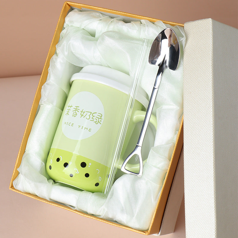Fashion Personality Ceramic Mug With Lid And Straw Spoon