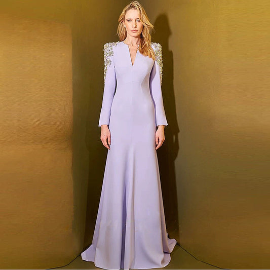 Heavy Industry Beads Diamond Front Slit Small Trailing Dress