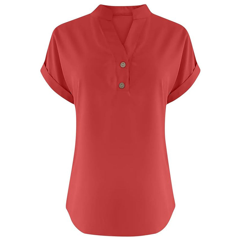 Women's Solid Color V-Neck Short Sleeve Blouse Button Detail, Summer Casual & Work T-Shirt
