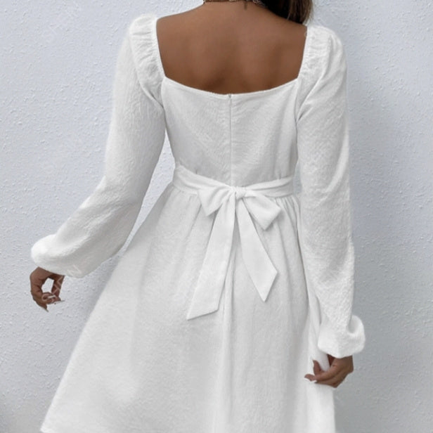 Ladies' Fashion Elegant Solid Color Collar Lace Fold Waist A-list Dress