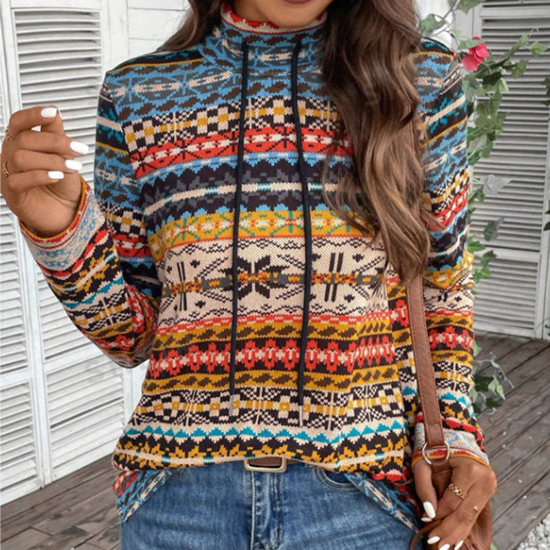 Women's High Neck Geometric Print Long Sleeve Top With Tie Detail - Stylish Casual Blouse For Spring&Fall