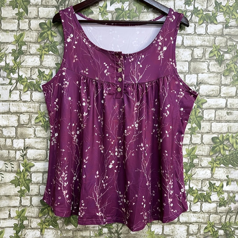 Women's Plus Size Sleeveless Button-Front Blouse With Ruffle Detail & Floral Print Casual Summer Top
