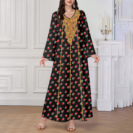 Women's Plus Size Ethnic Maxi Dress - Bohemian Embroidered Floral Print V-Neck Retro Long Dress