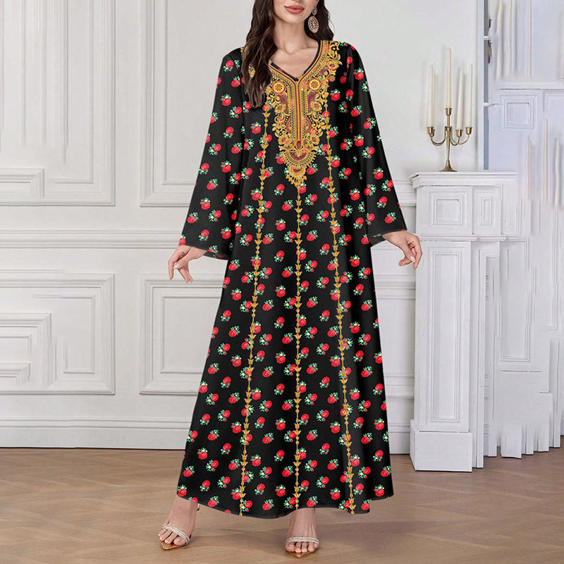 Women's Plus Size Ethnic Maxi Dress - Bohemian Embroidered Floral Print V-Neck Retro Long Dress