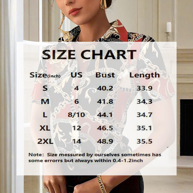 Women's Lapel Collar Short Sleeve Shirt - Chain Print Design, Button-Up Casual Top Comfortable Summer Wear