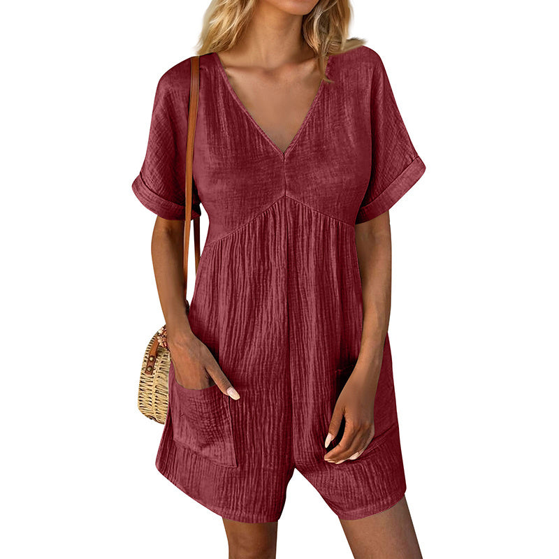 Womens Summer Romper Casual Short Sleeve V Neck Short Jumpsuits With Pockets