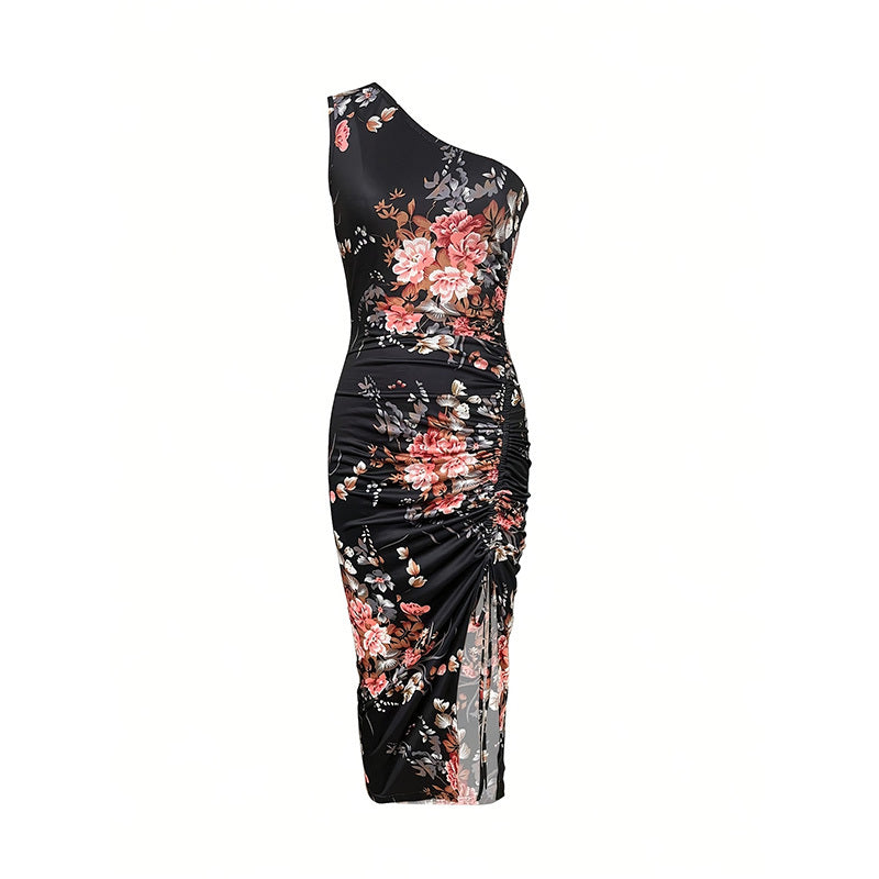 Women's One Shoulder Bodycon Dresses Summer 2025 Ruched High Split Floral Beach Cocktail Wedding Guest Dress