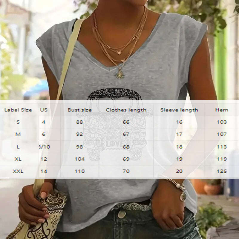 Women's V-Neck Short Sleeve T-Shirt Floral Car Print Summer Casual Top