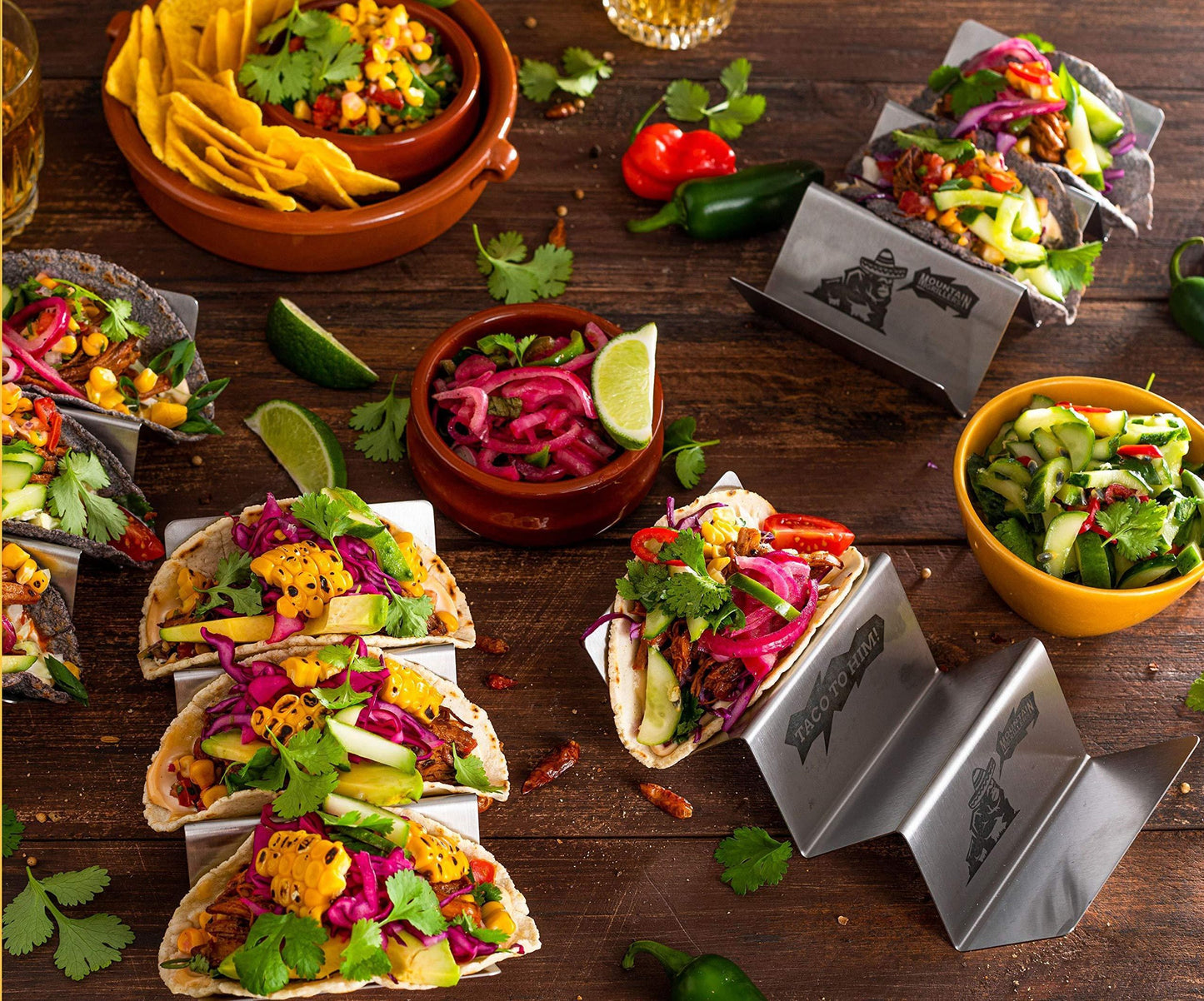 Taco Holder Set Of 4, Reversible Stainless Steel Racks Hold 2 Or 3 Shells, No Mess, Dishwasher Safe