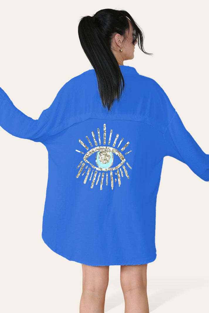 Oversized Long Sleeve Gold Sequin Eye Button Up Shirt