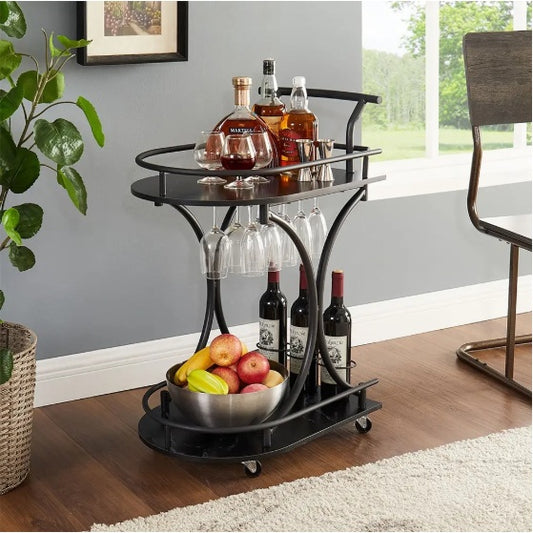 2-Tier Bar Cart,Black Wine Cart With Wine Rack & Glass Holder,Mobile Bar Serving Cart,for Party,Home,Rolling Drink Trolley For Living Room