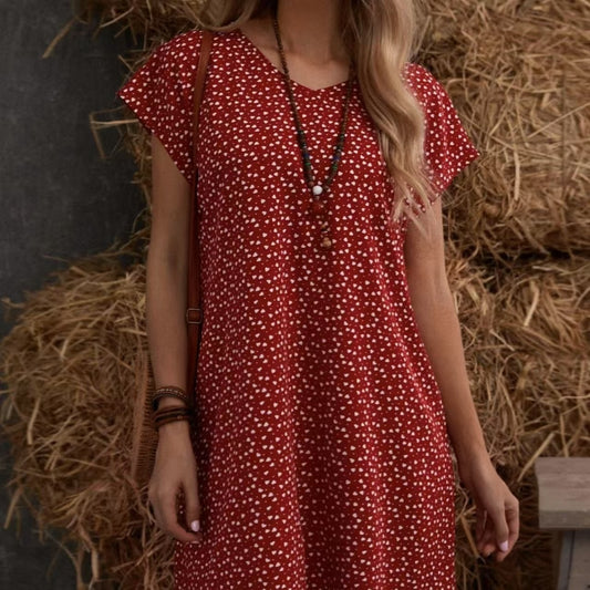 Women's Round Neck Heart-shaped Printed Large V-neck Casual Vacation Style Short Dress