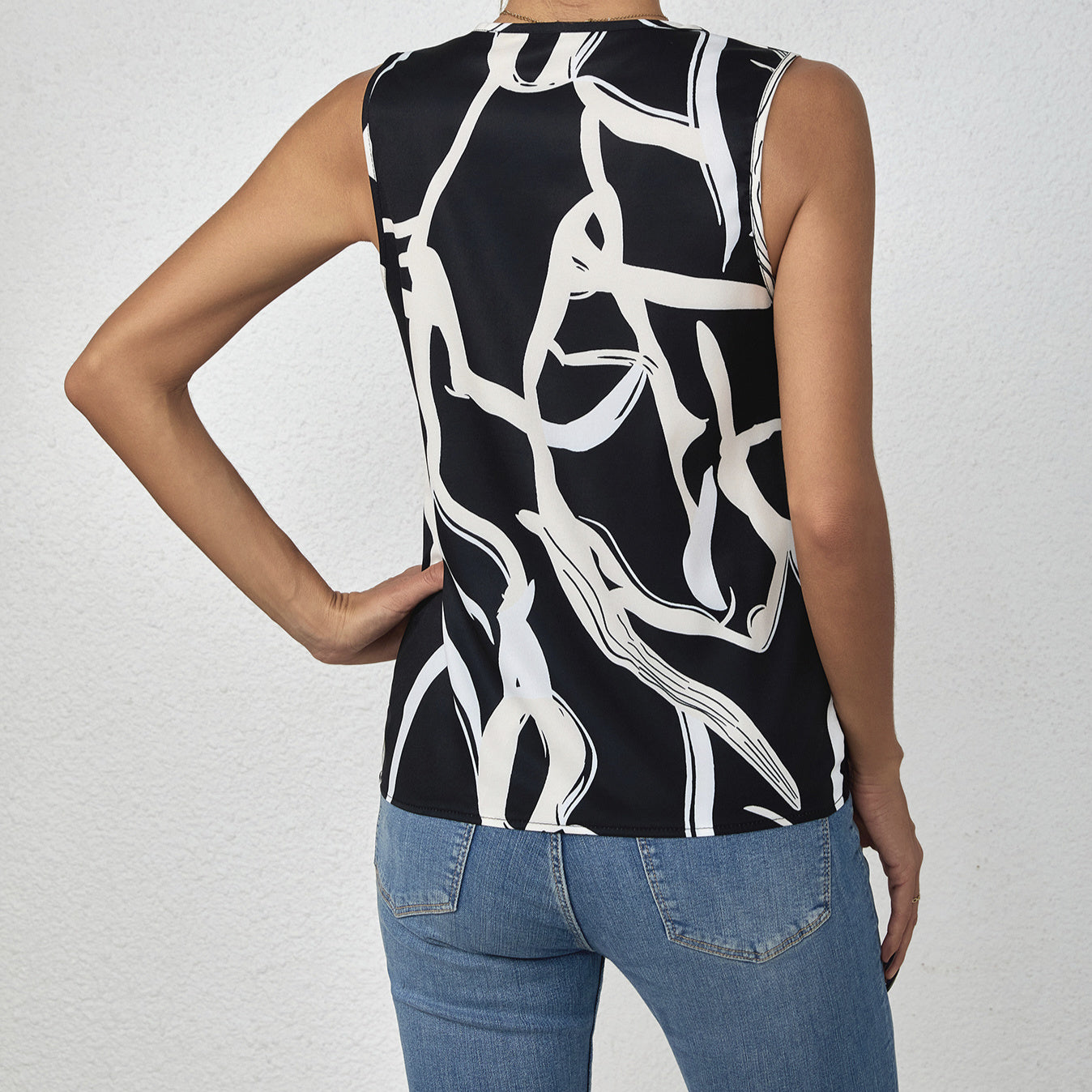 Ladies' Striped Printed Deep V-neck Off Shoulder Pleated Decorative Fashion Vest