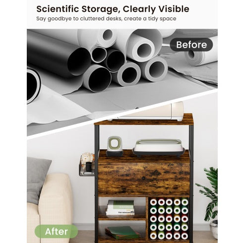 Craft Organization And Storage Cabinet Compatible With Cricut Machines, Crafting Cabinet With Drawer & 25 Vinyl Roll Holder, Craft Table Desk Workstation For Craft Room Home.Rustic Brown.