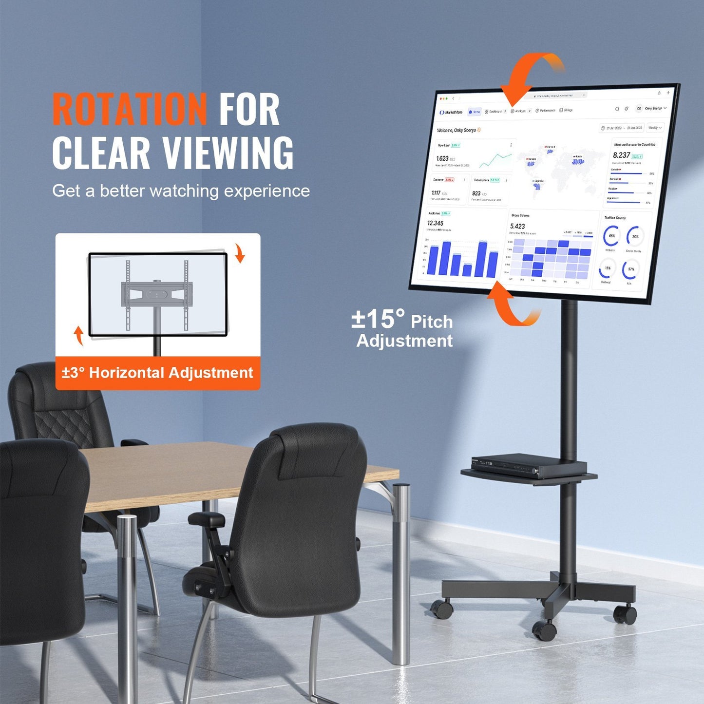 VEVOR Mobile TV Stand, Mobile TV Cart For 23 To 60 Inch TVs, Height Adjustable Portable TV Stand With Wheels, With A Tray For Audio-Visual Devices, Rolling TV Stand With Mount For Bedroom, Living Room