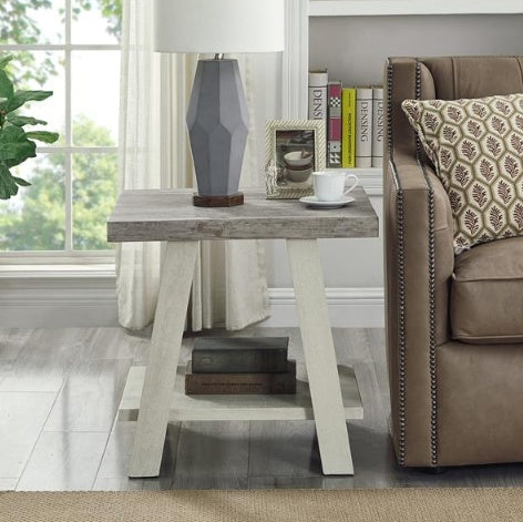 Contemporary Two Tone Wooden Framed Side Table In Athens, Weathered Gray And Beige